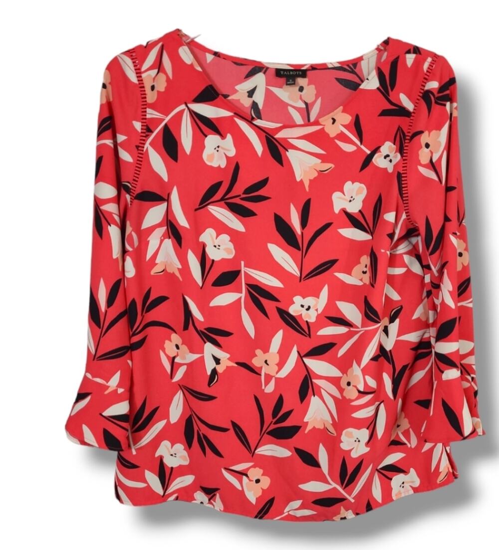 Talbots Women's Small Red Black White Floral Bell Sleeve Boat Neck Top Crochet